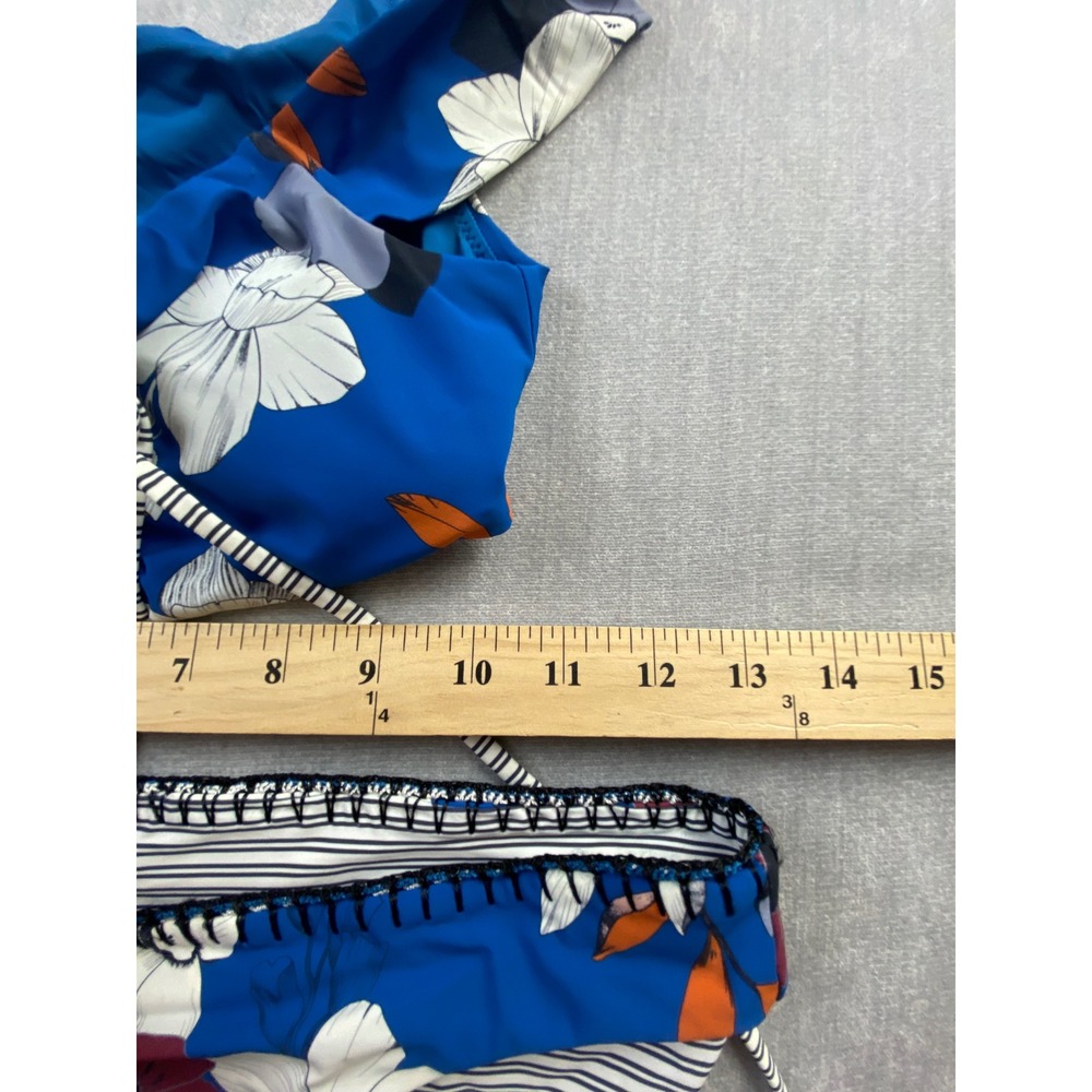 Red Carter Blue Floral Striped Reversible Bikini Set Off Shoulder Lace Up Two Pc - Picture 2 of 4